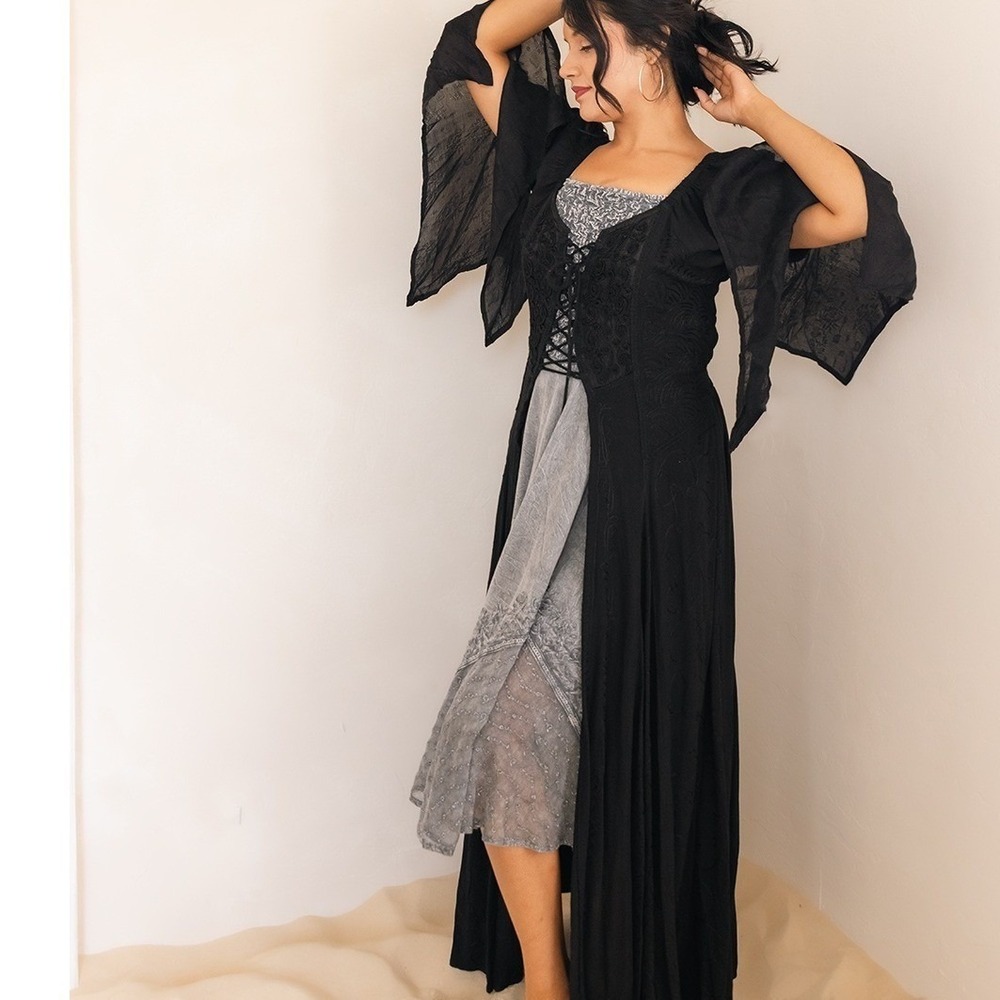 Steampunk Gothic Black Lace Corset Maxi Dress Bell Sleeve Festival Witchy Medium